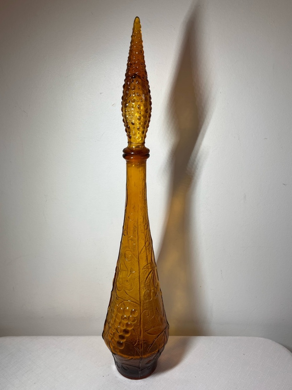 1960s Italian Embossed Fruit Amber 22” Glass / Genie Empoli Bottle & Stopper